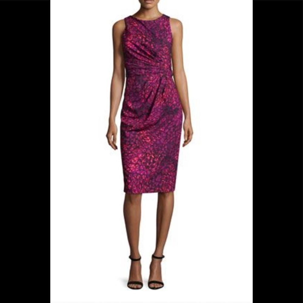 Badgley Mischka Sleeveless Printed Ruched Sheath Dress Multicolor Red Purple 4